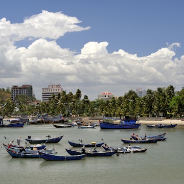 Fishing boats in Hang Dua Bay, and Bai Truoc (Front Beach). Vung Tau, Vietnam