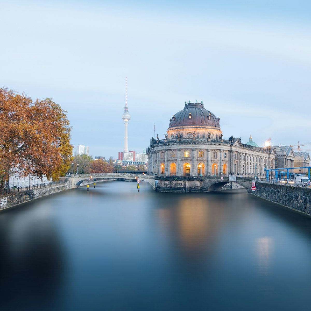 Museum island on Spree river and Alexanderplatz TV tower in center of Berlin, Germany