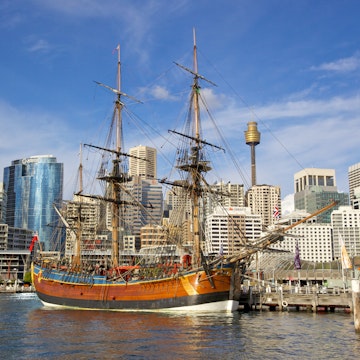 Sydney, Australia - May 20, 2010: A replica of James Cook's HMS Endeavour, moored alongside the Australian National Maritime Museum in Darling Harbour, Sydney, is one of the world's most accurate maritime reproductions.